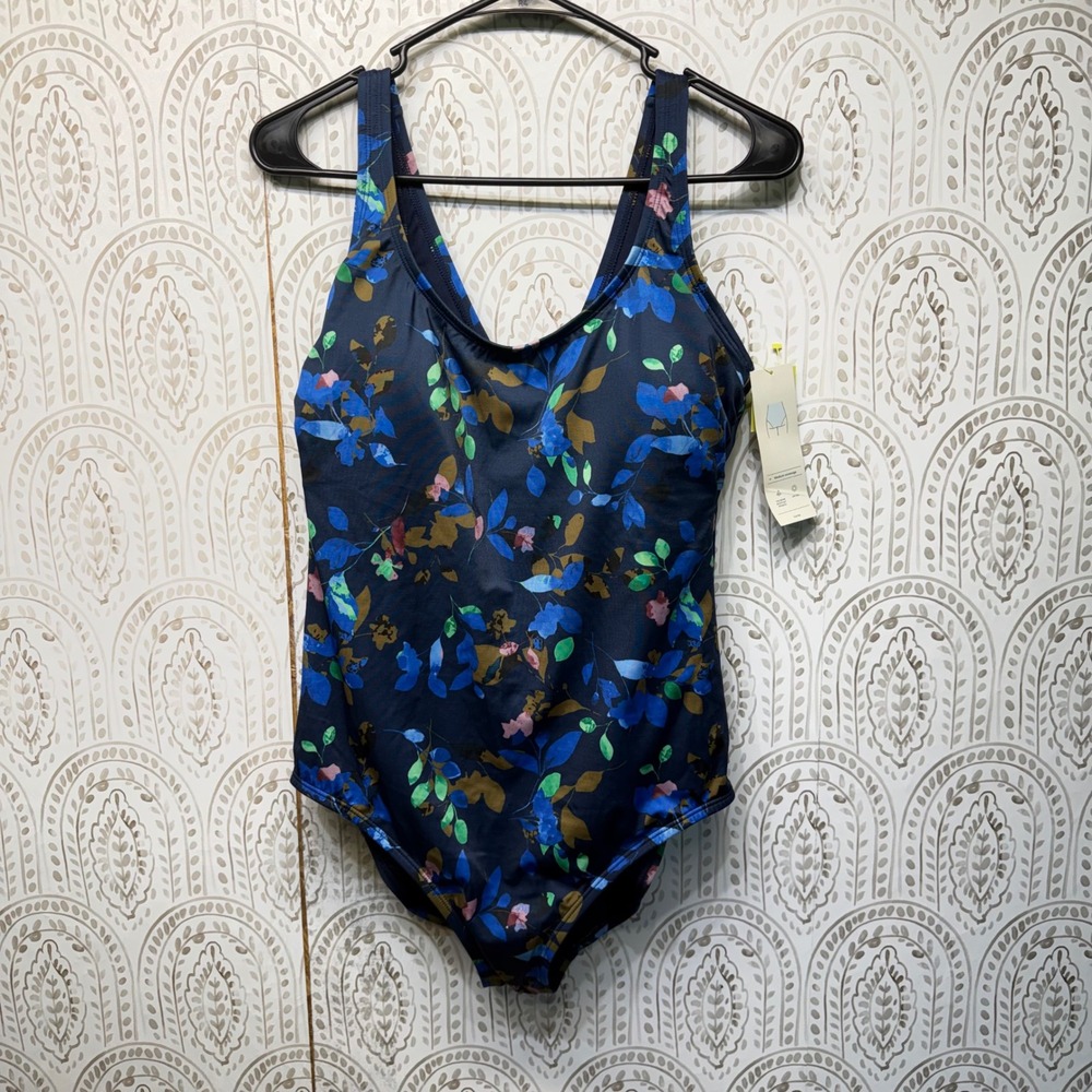 All in Motion Swimsuit Women Large Blue Floral One Piece UPF 50+ Strappy Back